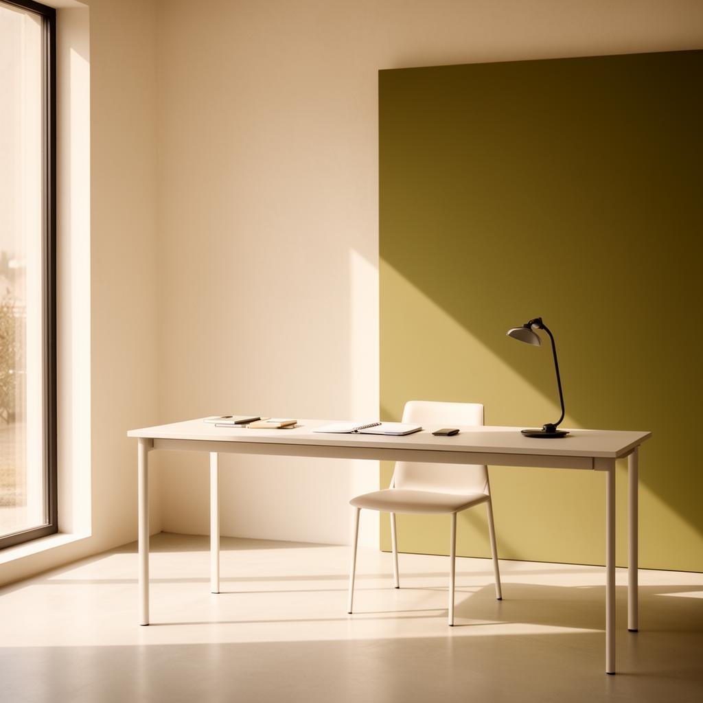 Spazio di lavoro Lokalia con luce naturale e parete verde oliva